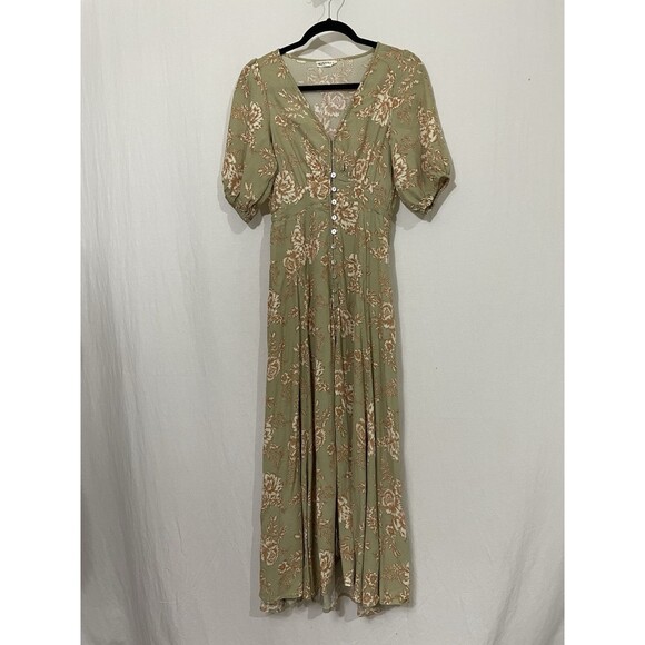 Kivari Lani Dress Midi Size Small Khaki Floral Short Sleeve Boho - Picture 1 of 7